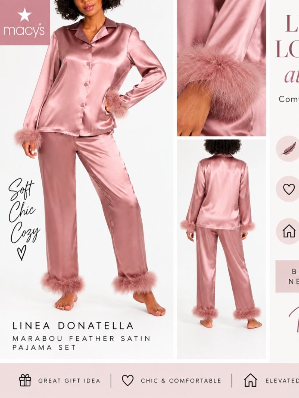 NWT Linea Donatella Marabou Feather Satin Pajama Lounge Set Taupe Pink L